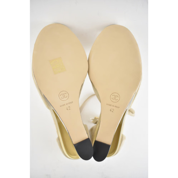 Chanel 20S Beige Suede Clear Gold CC Mules Ankle Strap Sandal Wedge Heel Pump 42 - Picture 9 of 9